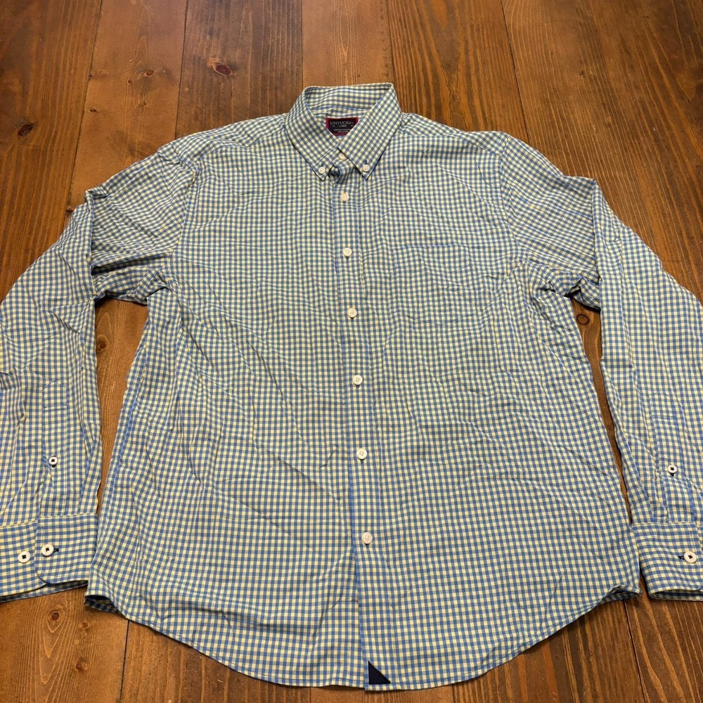 Untuckit Performance Stretch Wicking Long Sleeve Shirt Large Gingham Yellow Blue